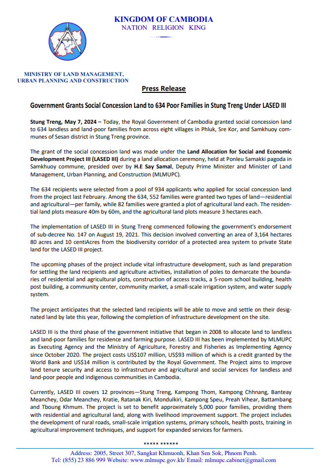 Government Grants Social Concession Land to 634 Poor Families in Stung Treng Under LASED III
