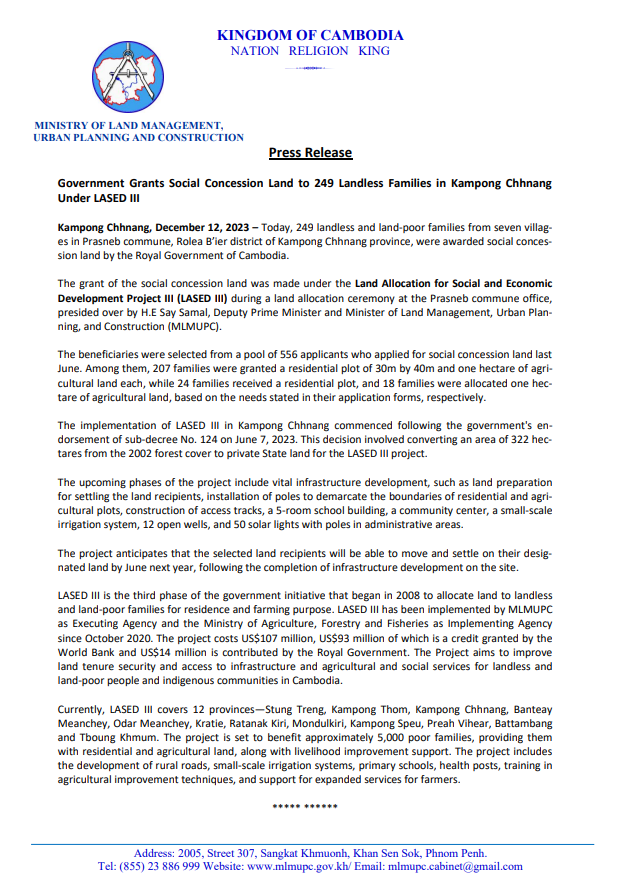 Government Grants Social Concession Land to 249 Landless Families in Kampong Chhnang Under LASED III